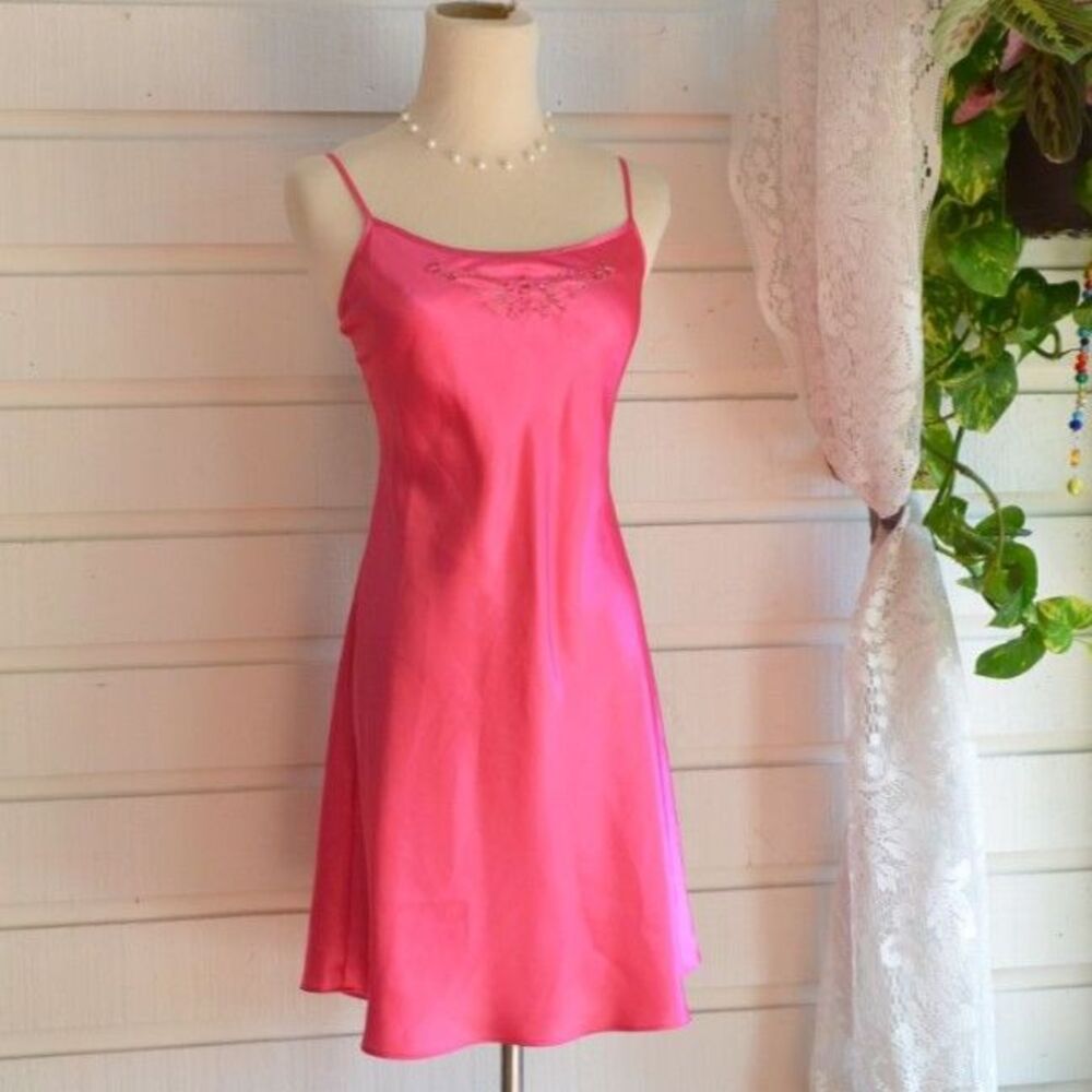 Vintage Morgan Taylor Pink Satin Slip Dress Beaded Embroidery Y2K - L